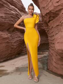 ADYCE Asymmetrical Neck Ruffle Trim Split Thigh Cocktail Party Bandage Dress Wedding Guest Dress Formal Dress Evening Dress, Butter Yellow, Gown, Elegant - Yellow - View 8