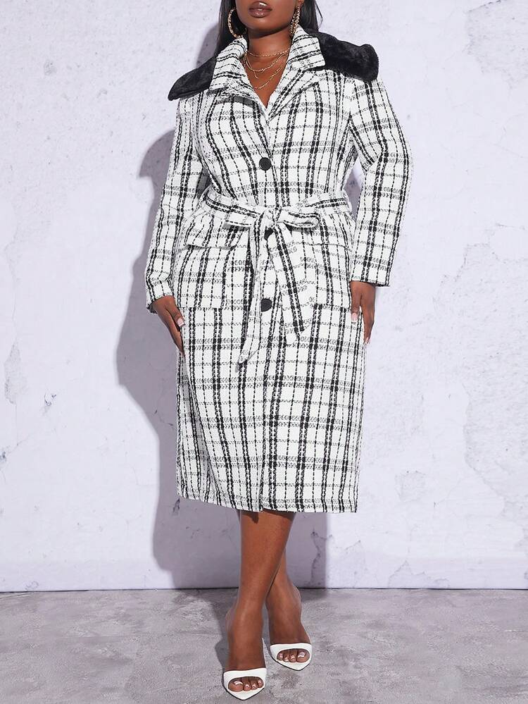 Plus Plaid Print Belted Overcoat