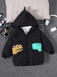 SHEIN 小男孩休閒加厚連帽羽絨衣/外套，可愛恐龍設計，帶 3d 耳朵和肩章，冬季 - 黑色 - 查看 2