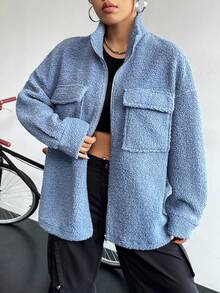 SHEIN Unity Flap Pocket Drop Shoulder Teddy Coat - Blue - View 3