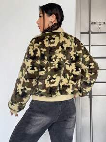 SHEIN EZwear 迷彩圖案落肩袖拉鍊毛絨夾克 - 綠色 - 查看 2