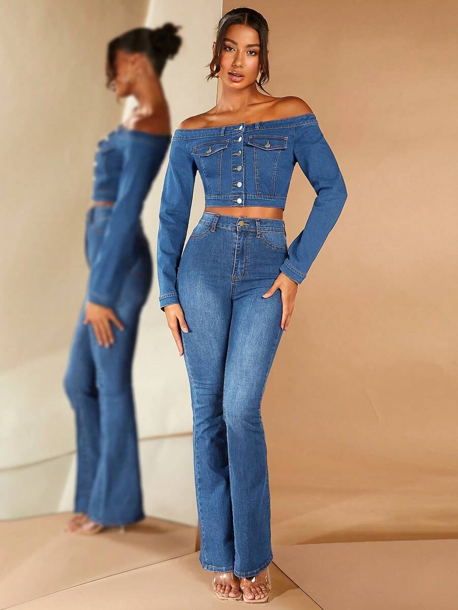 SHEIN BAE Off Shoulder Flap Pocket Denim Jacket - Medium Wash - View 1