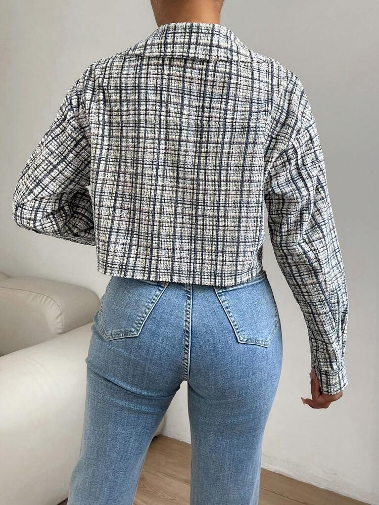 Plaid Pattern Flap Pocket Drop Shoulder Crop Jacket Fall Cloth For Women