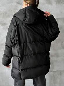 SHEIN Cottnline Zip Up Hooded Puffer Coat - Black - View 2