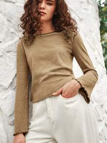 Bohemela Lettuce Trim Trumpet Sleeve Tee - Camel - View 2