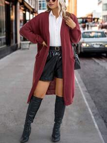 SHEIN LUNE Áo len cardigan dáng rộng có hai túi Giáng sinh cỡ lớn - Màu Đỏ Sâu - Xem 5