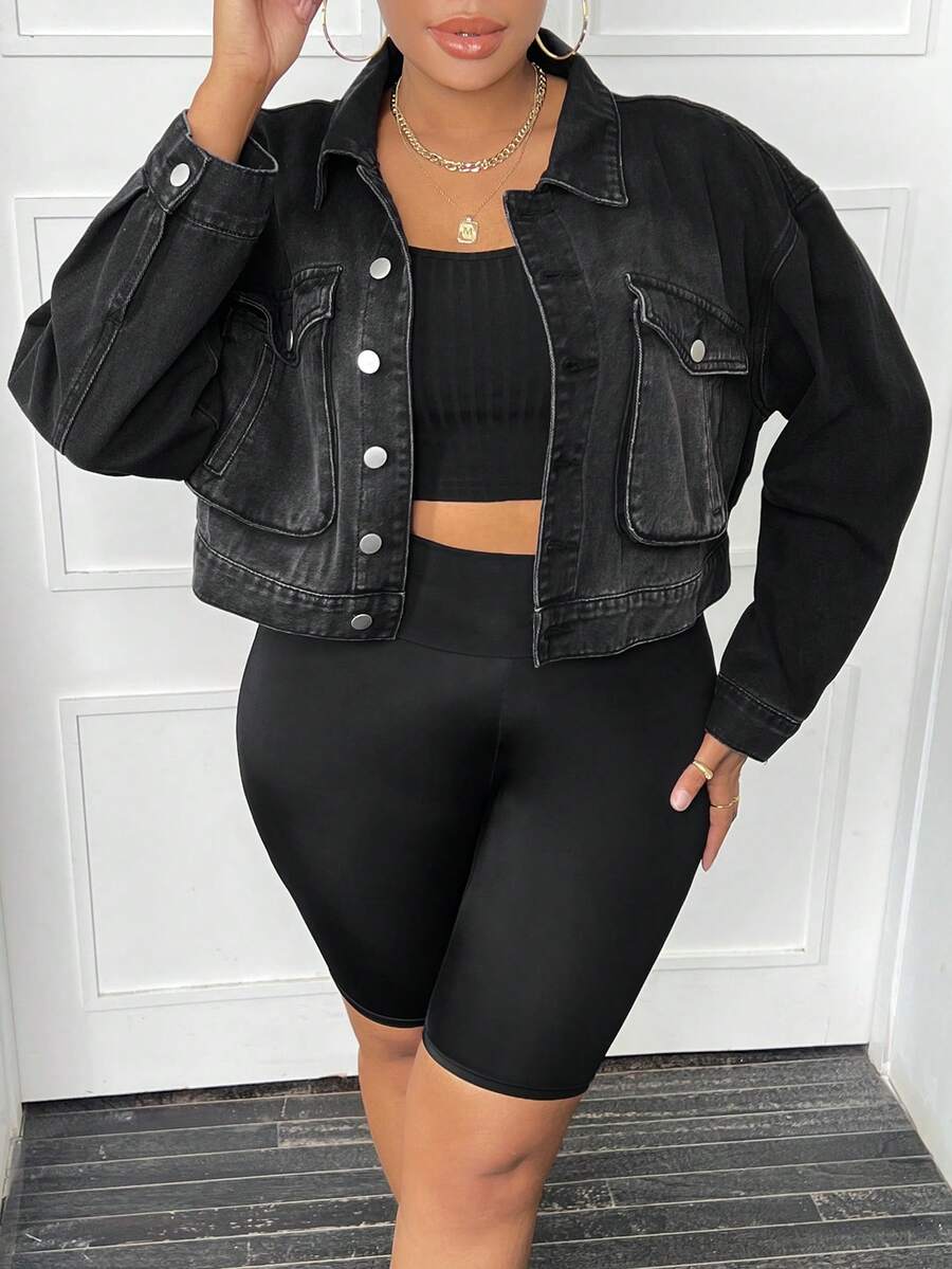 SHEIN SXY 大碼翻蓋口袋落肩袖牛仔夾克 - 黑色 - 查看 1