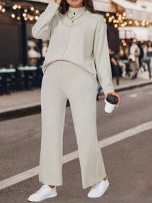 Calvaya 冬季必备的落肩开衫和针织裤 - 灰色 - 查看 6