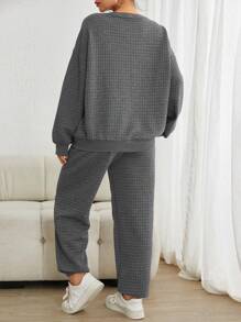 SHEIN EZwear Letter Patched Drop Shoulder Sweatshirt & Sweatpants - Dark Grey - View 2