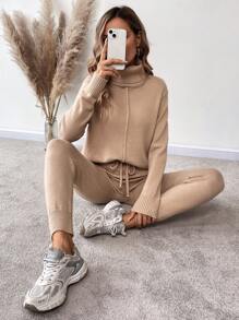 SHEIN LUNE Turtleneck Drop Shoulder Sweater & Knit Pants - Apricot - View 4