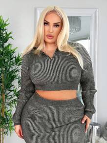 SHEIN SXY 大碼半拉鏈落肩袖短款毛衣 - 深灰色 - 查看 1
