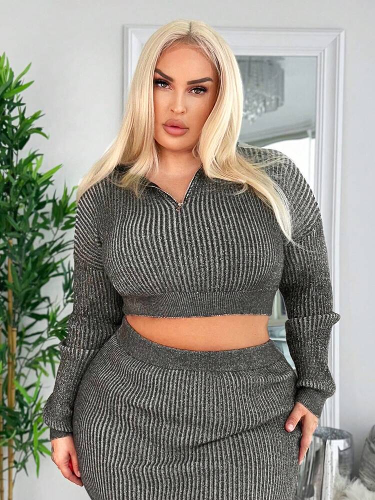 Plus Half Zip Drop Shoulder Crop Sweater