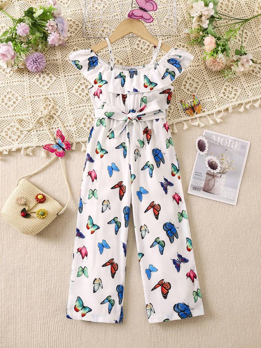 SHEIN Cô Gái Trẻ In bướm Viền Ruffle Vai lạnh Thắt lưng Áo liền quần - Nhiều màu - Xem 1