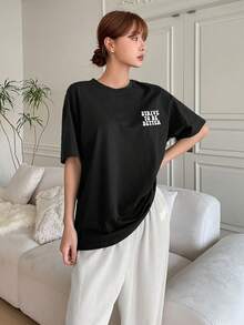 DAZY Slogan Graphic Drop Shoulder Lounge Set - Black - View 4