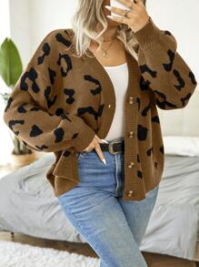 SHEIN LUNE Hơn Hoa văn Báo Thả vai Áo len Mở - màu nâu - Xem 5