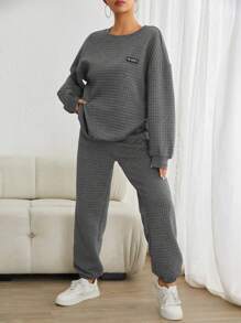 SHEIN EZwear Letter Patched Drop Shoulder Sweatshirt & Sweatpants - Dark Grey - View 1