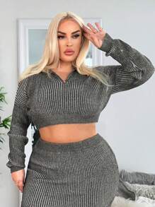 SHEIN SXY 大碼半拉鏈落肩袖短款毛衣 - 深灰色 - 查看 5