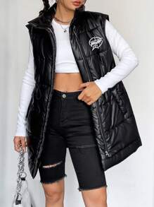 SHEIN EZwear 字母圖案拉鏈開襟羽絨背心大衣 - 黑色 - 查看 6