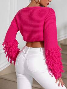 SHEIN Privé Fringe Trim Drop Shoulder Crop Sweater - Hot Pink - View 2