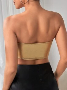 SHEIN PETITE Fuzzy Trim Crop Tube Top - Gold - View 2