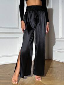 Allurite Tie Waist Split Thigh Wide Leg Pants - Black - View 4