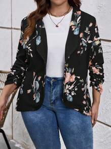 SHEIN LUNE Plus Floral Print Shawl Collar Ruched Sleeve Blazer - Multicolor - View 1