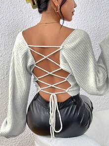 SHEIN Essnce Cổ vuông Tay áo lồng đèn Áo len Crop - Màu Xám nhạt - Xem 2