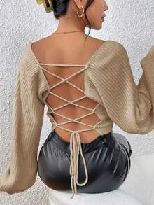 SHEIN SXY 方領燈籠袖短款毛衣 - 卡其色 - 查看 2