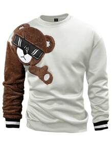 Manfinity Homme Loose Fit Men's Striped Trimming Bear Embroidery Drop Shoulder Sweatshirt - White - View 5