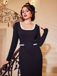 SHEIN DECDS Contrast Trim Square Neck Bodycon Dress - Black and White - View 6