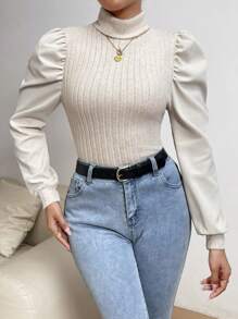 SHEIN Privé Lantern Sleeve Turtleneck Top - Apricot - View 7