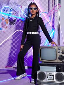 SHEIN Tween Girl Zipper Front Flare Leg Jumpsuit Without Belt - Black - View 1