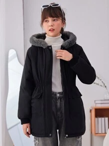 少女拉链毛绒装饰连帽棉服外套 - 黑色 - 查看 4