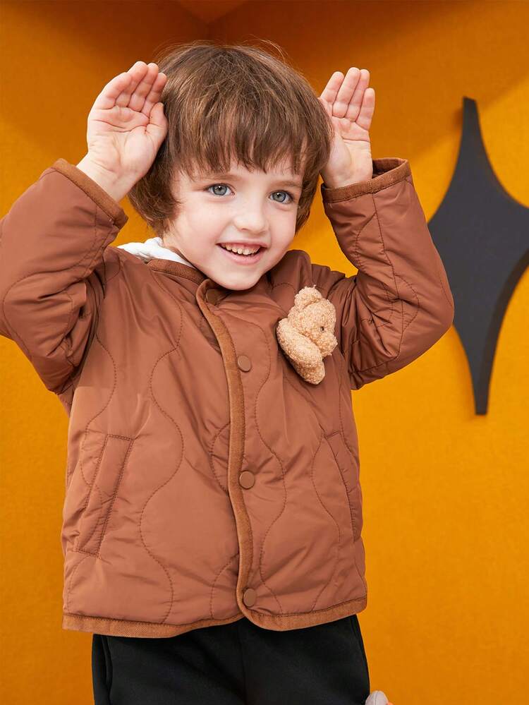 Young Boy 3D Bear Applique Button Up Quilted Coat