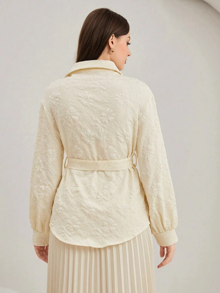 Floral Jacquard Belted Button Front Coat Fall Cloth For Women