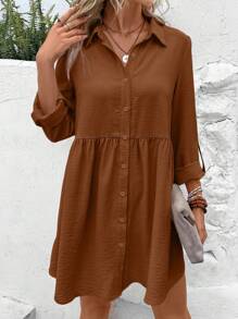 SHEIN Frenchy 素色前紐扣娃娃裙 - 棕色 - 查看 1