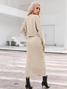 SHEIN Essnce 落肩T恤&高衩半身裙 - 杏色 - 查看 2