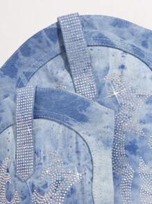 SHUZIA 圖案鑲嵌水晶粗跟靴，女士牛仔靴 - 藍色 - 查看 4