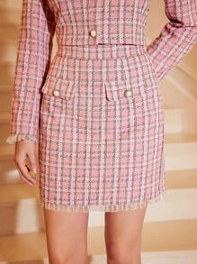 SHEIN DECDS 格紋圖案毛邊緣粗花呢半身裙 - 彩色 - 查看 8