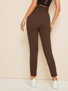 EURMUSE Paperbag Waist Slant Pocket Solid Pants - Brown - View 2