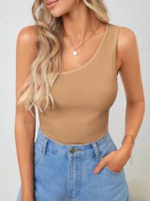 SHEIN Essnce 素色不對稱領不規則肩背帶肩帶領上衣 - 卡其色 - 查看 3