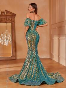 Faeriesty Off Shoulder Puff Sleeve Mermaid Hem Sequin Formal Dress - Dark Green - View 2