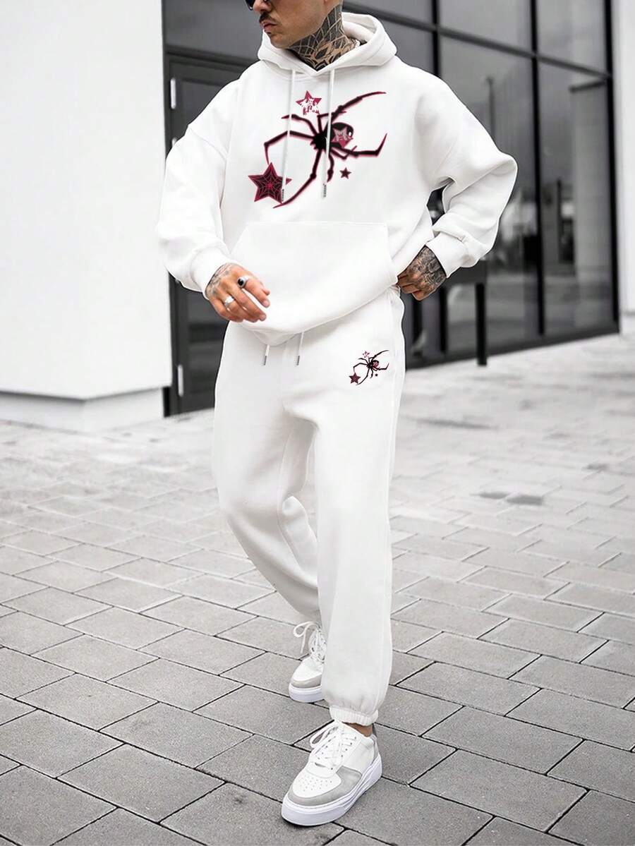 Men Spider And Letter Graphic Drawstring Hoodie & Sweatpants, For Halloween - White - View 1