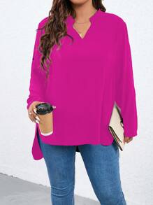 SHEIN LUNE Hơn Đường viền cổ có rãnh Tay áo cuộn Hem cao thấp Áo sơ mi - Màu Hồng Tươi - Xem 5