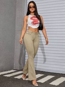 SHEIN ICON Slant Pocket Flare Leg Jeans - Khaki - View 4