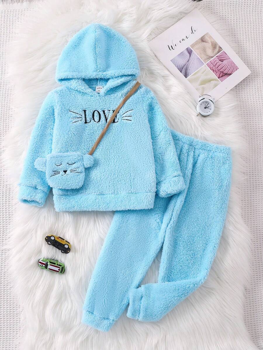 SHEIN Young Girl Letter Embroidery Teddy Hoodie & Pants & Bag