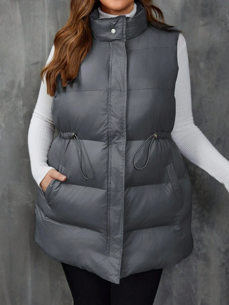 Plus Drawstring Waist Zipper Vest Padded Coat