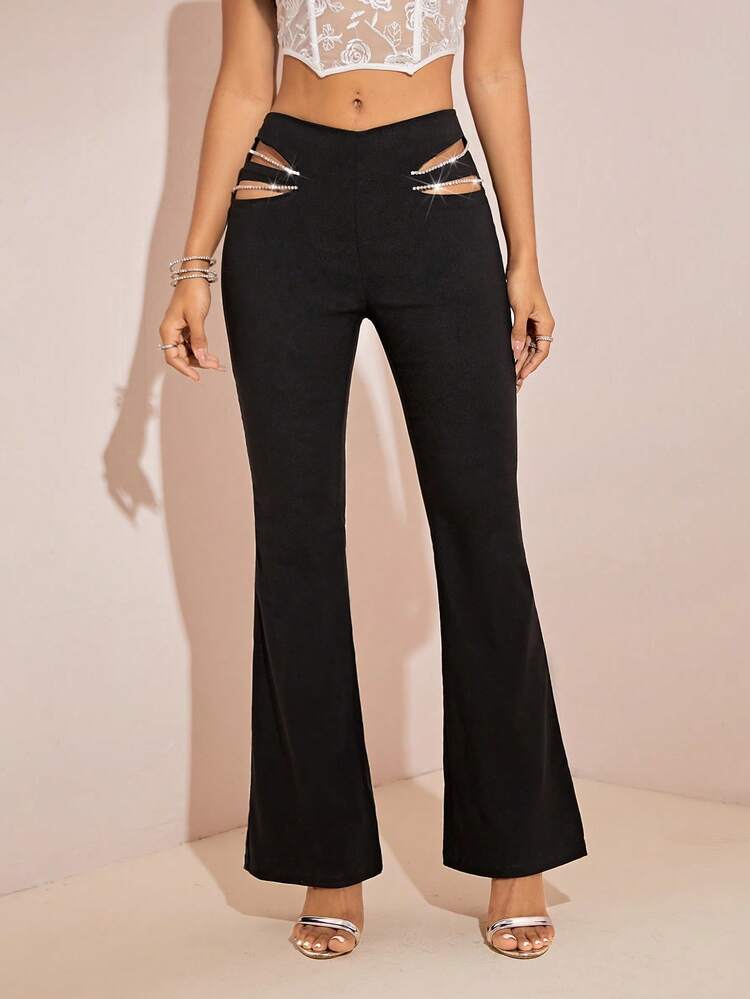 Women's Solid Color Hollow Out Design Rhinestone Decor Elegant Flare Pants