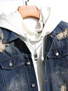 Manfinity EMRG 休閒破洞標語男士牛仔外套 - 深色水洗藍 - 查看 6