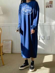 DAZY 字母圖案落肩T恤連衣裙 - 藍色 - 查看 4